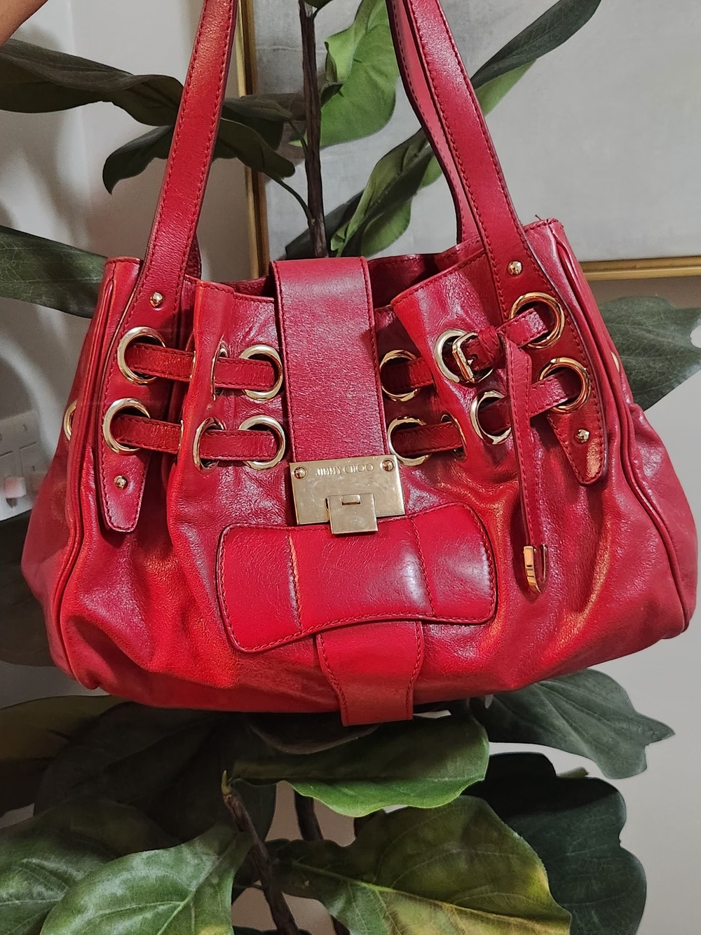 Jimmy Choo Red Leather Shoulder Bag with Gold-Tone Hardware